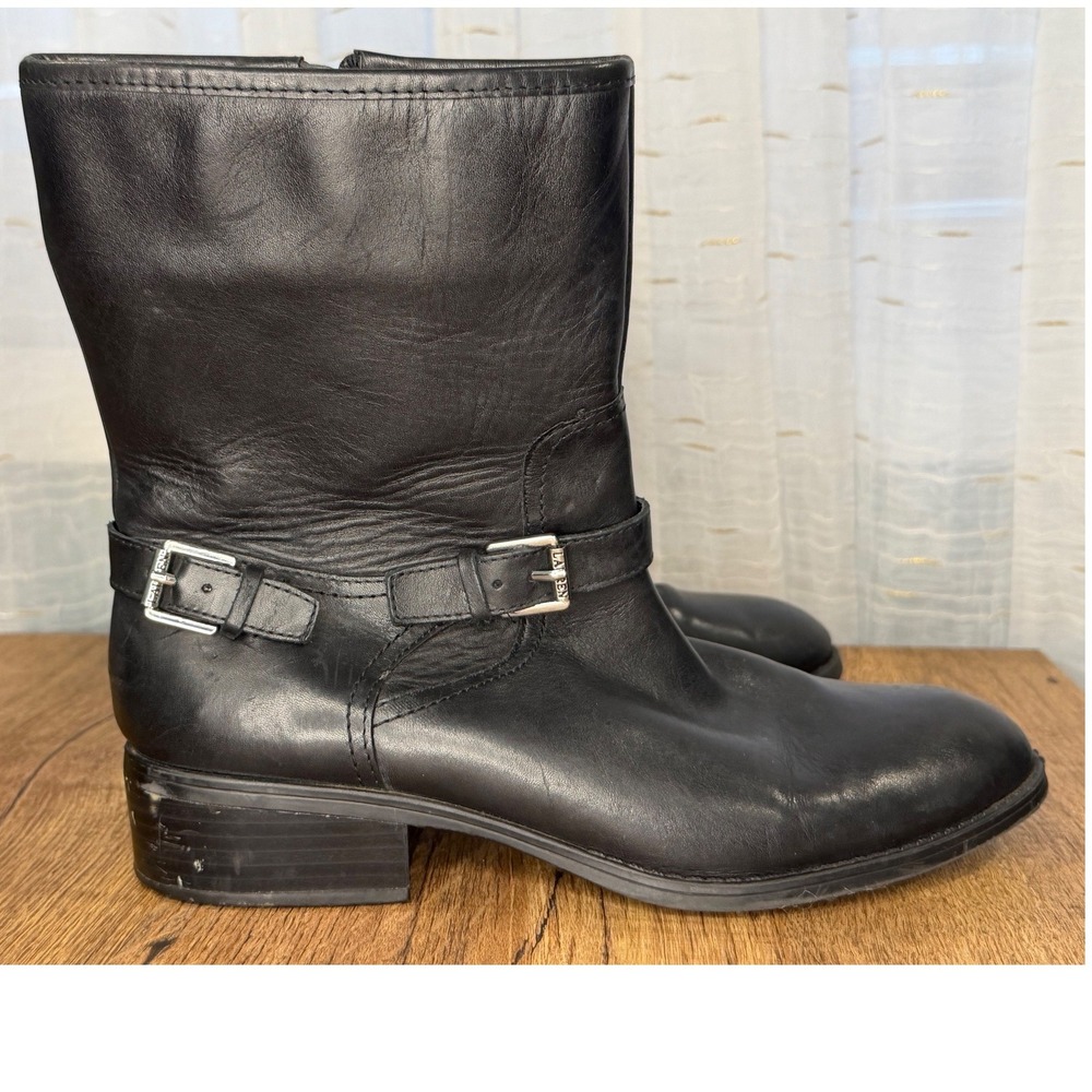 Lauren Ralph Lauren Black Leather Boots‎ Buckle Zip Block Heel Mid Calf  9B